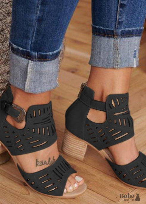 Boho Hollow Carved Block Heel Sandals